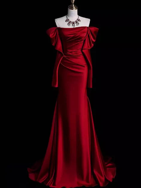Burgundy Satin Trumpet Off-the-Shoulder Zipper Back Floor-Length Dress