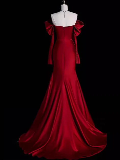 Burgundy Satin Trumpet Off-the-Shoulder Zipper Back Floor-Length Dress