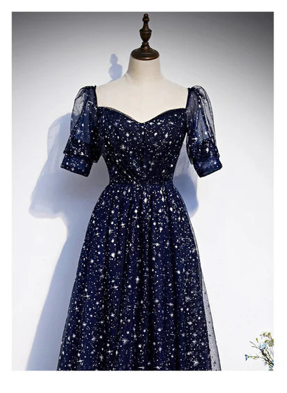 Navy Blue Simple Tulle Short Sleeves Prom Dress