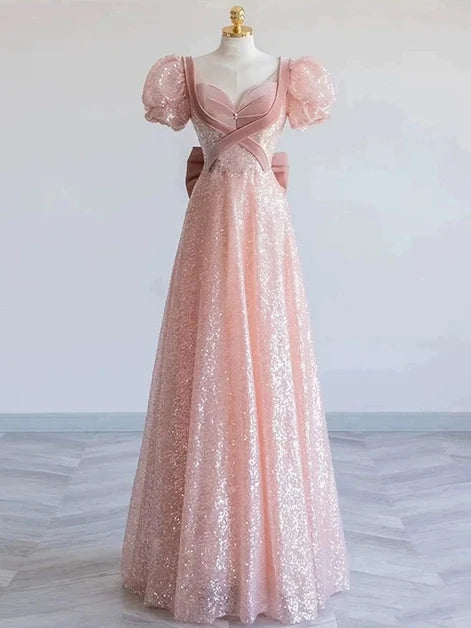 Blushing Pink Sequin A-Line Sweetheart V-Back Floor-Length Dress