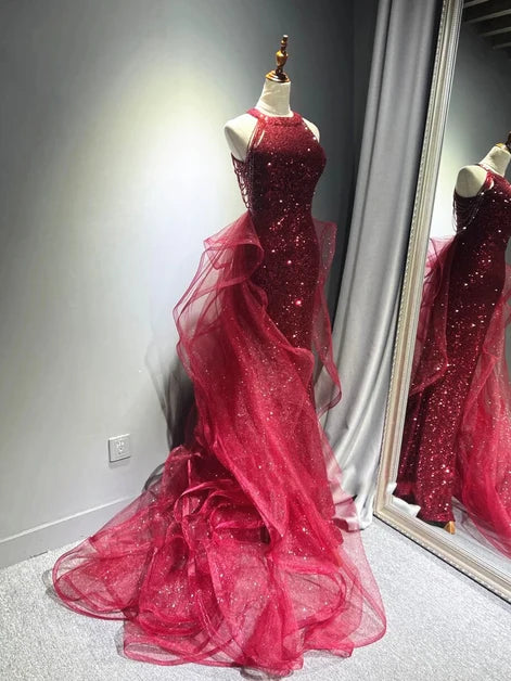 Burgundy Sequin & Glitter Tulle Mermaid Halter High Back Floor-Length Dress