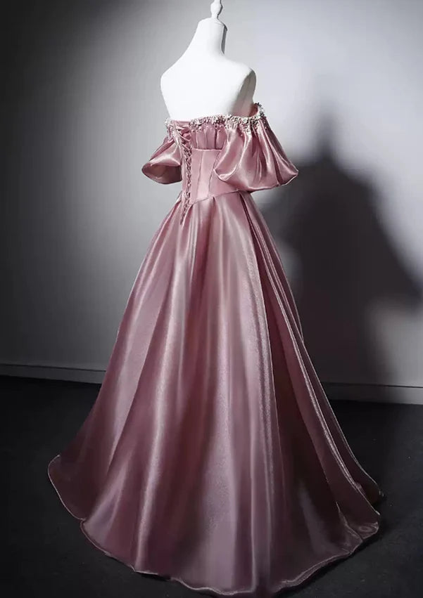 Dusty Rose Shimmer Satin A-Line Off-the-Shoulder Lace-Up Back Floor-Length Dress