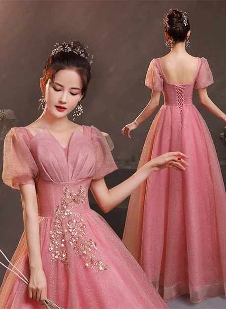 Sparkly A-line V-neck Puff Sleeve Lace Up Back Long Prom Dress