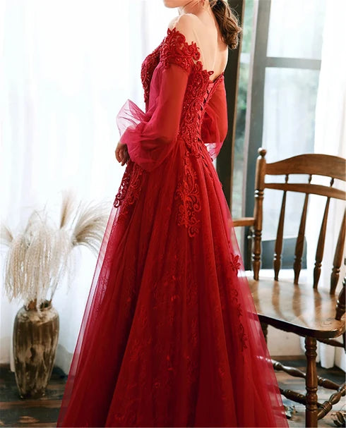 Burgundy Tulle Lace A-Line Illusion Neck Lace-Up Back Floor-Length Dress