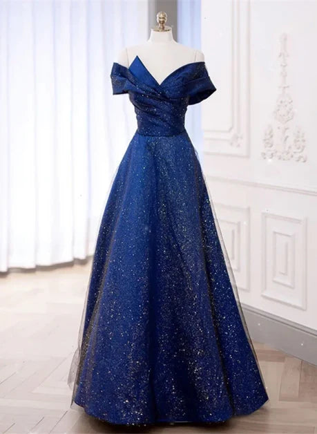 Royal Blue Glitter Tulle A-Line Off-the-Shoulder Zipper Back Floor-Length Dress