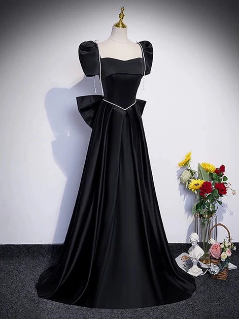 Black Satin A-Line Square Neck Lace-Up Back Floor-Length Dress