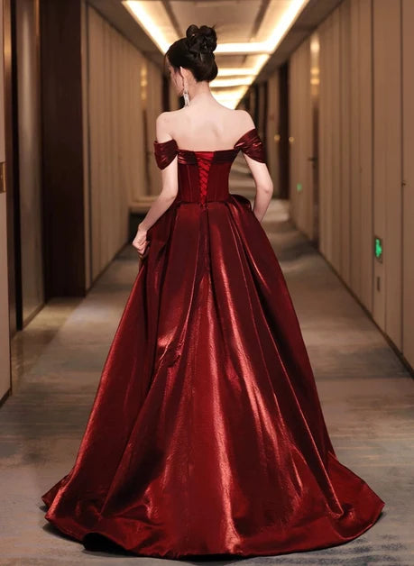 Burgundy Satin A-Line Off-the-Shoulder Lace-up Floor-Length Dress