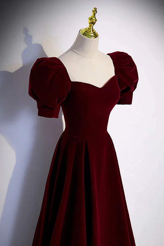 Wine Red A-line Short Sleeves Long Simple Prom Dress