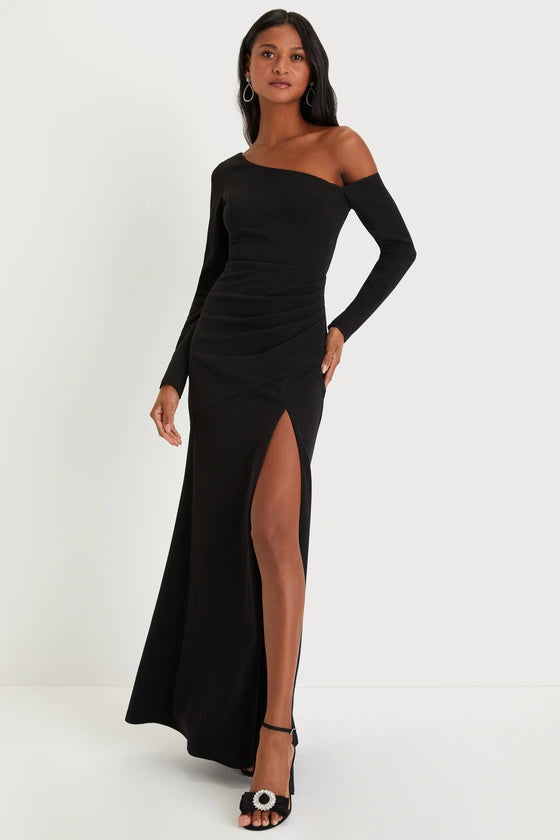 Black Crepe sheath-column one-shoulder zipper-back floor-length Dress
