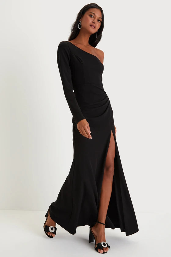 Black Crepe sheath-column one-shoulder zipper-back floor-length Dress