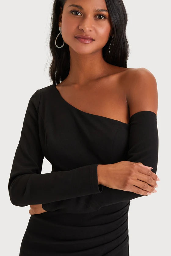 Black Crepe sheath-column one-shoulder zipper-back floor-length Dress