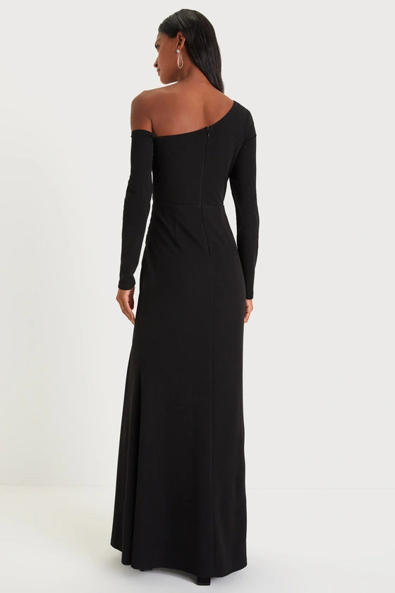 Black Crepe sheath-column one-shoulder zipper-back floor-length Dress