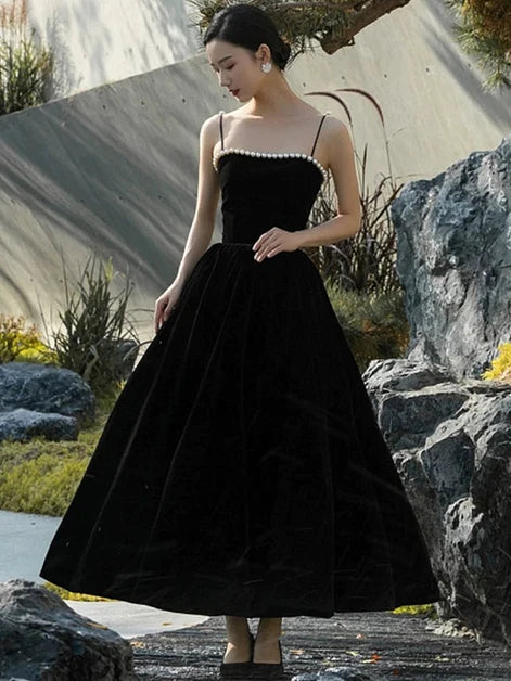 Black Velvet A-Line Straight Across Zipper Back Ankle Length Dress