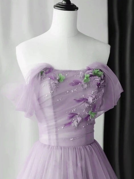 Lavender Off The Shoulder Floral Tulle A Line Prom Dress