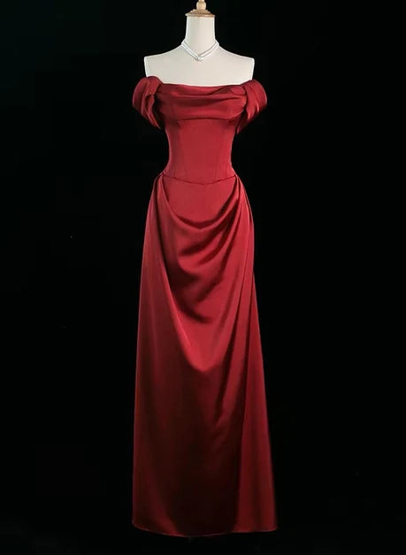Burgundy Satin Sheath Off-the-Shoulder Zipper Back Floor-Length Dress