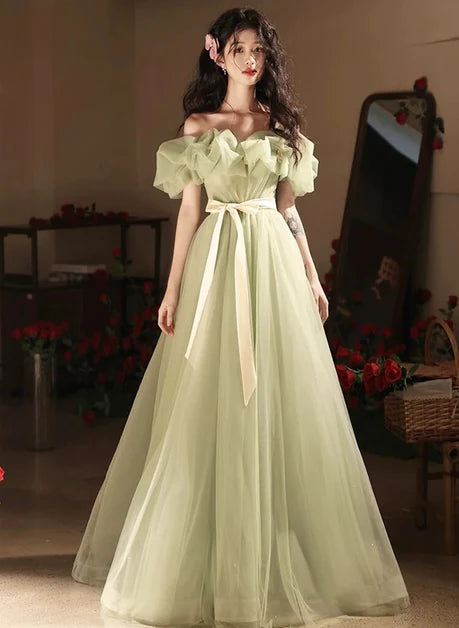 Sage Green Tulle A-Line Off-the-Shoulder Lace-Up Back Floor-Length Dress