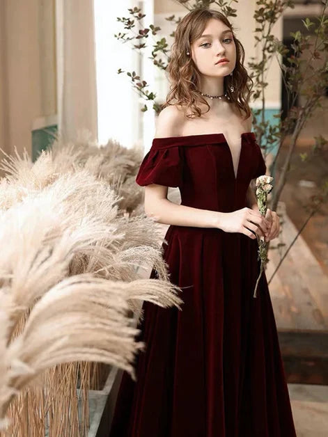 Burgundy Velvet A-Line Off-the-Shoulder Zipper Back Floor-Length Dress