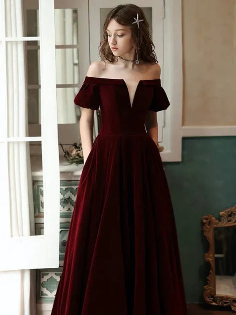 Burgundy Velvet A-Line Off-the-Shoulder Zipper Back Floor-Length Dress