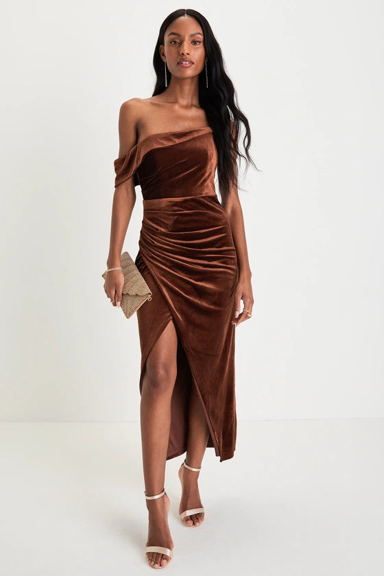 Rust Velvet Sheath One Shoulder Low Back Midi Dress