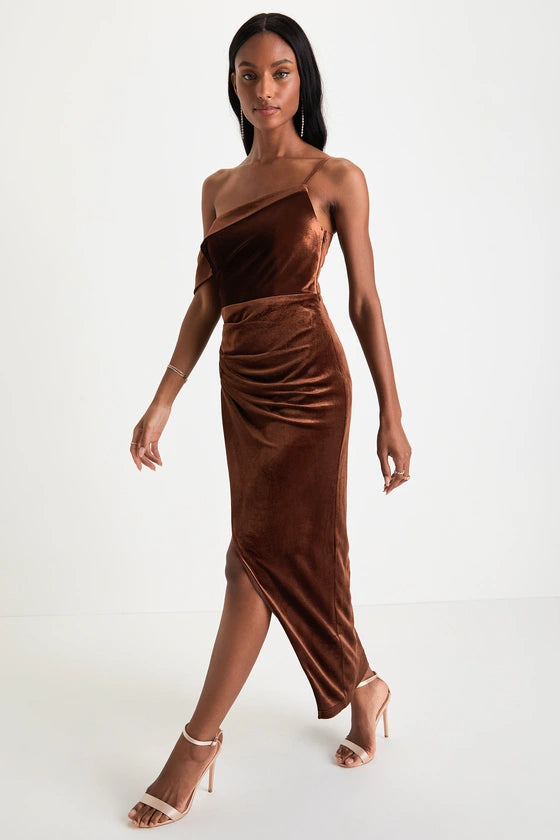 Rust Velvet Sheath One Shoulder Low Back Midi Dress