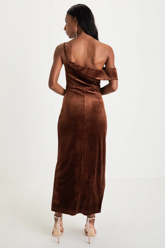 Rust Velvet Sheath One Shoulder Low Back Midi Dress