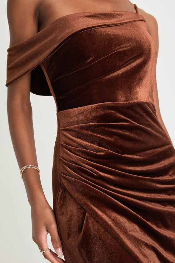 Rust Velvet Sheath One Shoulder Low Back Midi Dress