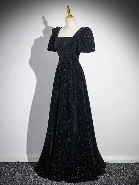 Black Glitter Velvet A-Line Square Neck Lace-Up Back Floor-Length Dress