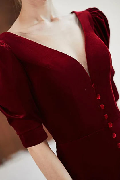 Burgundy Velvet Trumpet Plunging V-Neck V-Back Floor-Length Dress