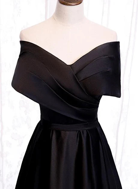 Black Satin A-Line Off-the-Shoulder Lace-Up Back Floor-Length Dress