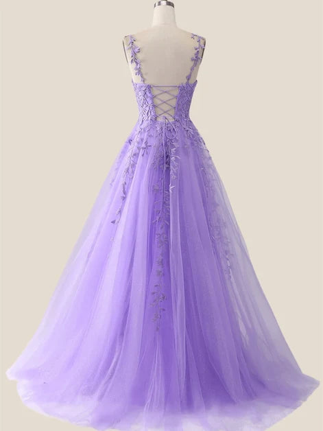 Lavender Tulle with Lace Appliques A-Line V-Neck Lace-Up Back Floor-Length Dress