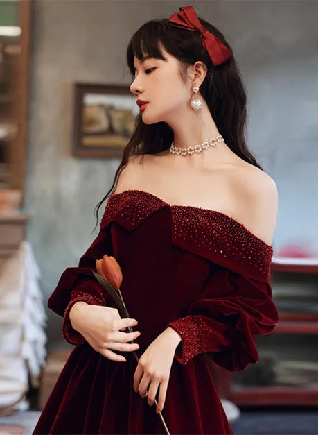 Burgundy Velvet A-Line Off-the-Shoulder Lace-Up Back Floor-Length Dress