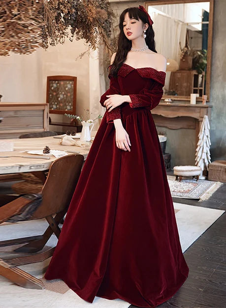 Burgundy Velvet A-Line Off-the-Shoulder Lace-Up Back Floor-Length Dress