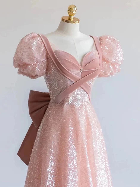 Blushing Pink Sequin A-Line Sweetheart V-Back Floor-Length Dress