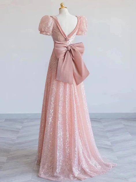 Blushing Pink Sequin A-Line Sweetheart V-Back Floor-Length Dress