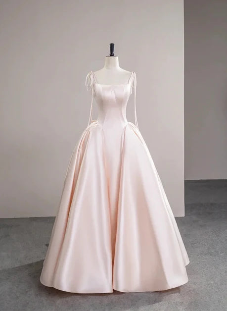 Blushing Pink Satin ball-gown square-neck low-back floor-length Dress
