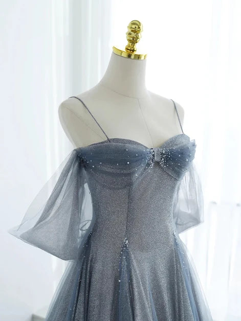 Dusty Blue Glitter Fabric A-Line Sweetheart Zipper Back Floor-Length Dress