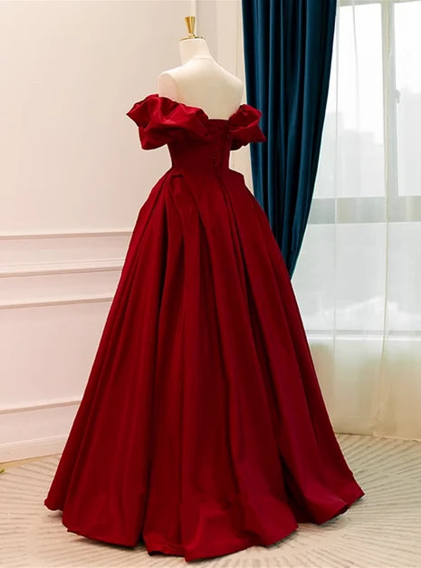 Burgundy Satin Ball Gown Off-the-Shoulder Lace-Up Back Floor-Length Dress