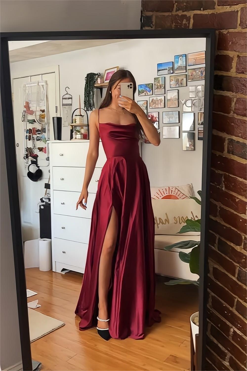 Weitese A Line Spaghetti Straps Burgundy Long Prom Dress with Split Front