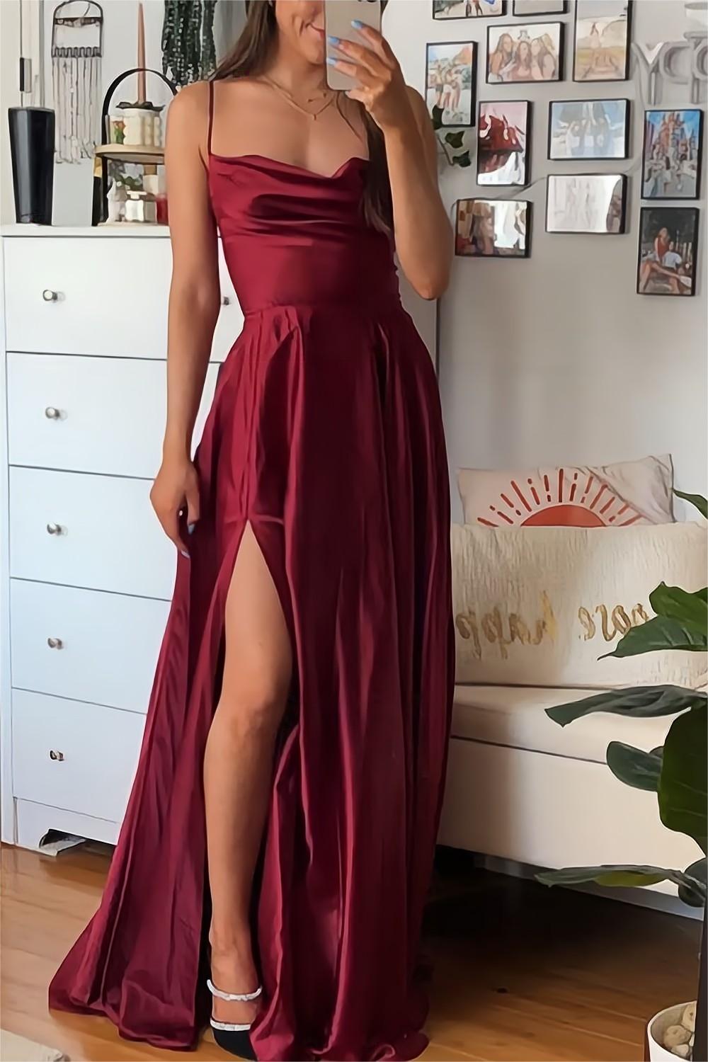 Weitese A Line Spaghetti Straps Burgundy Long Prom Dress with Split Front