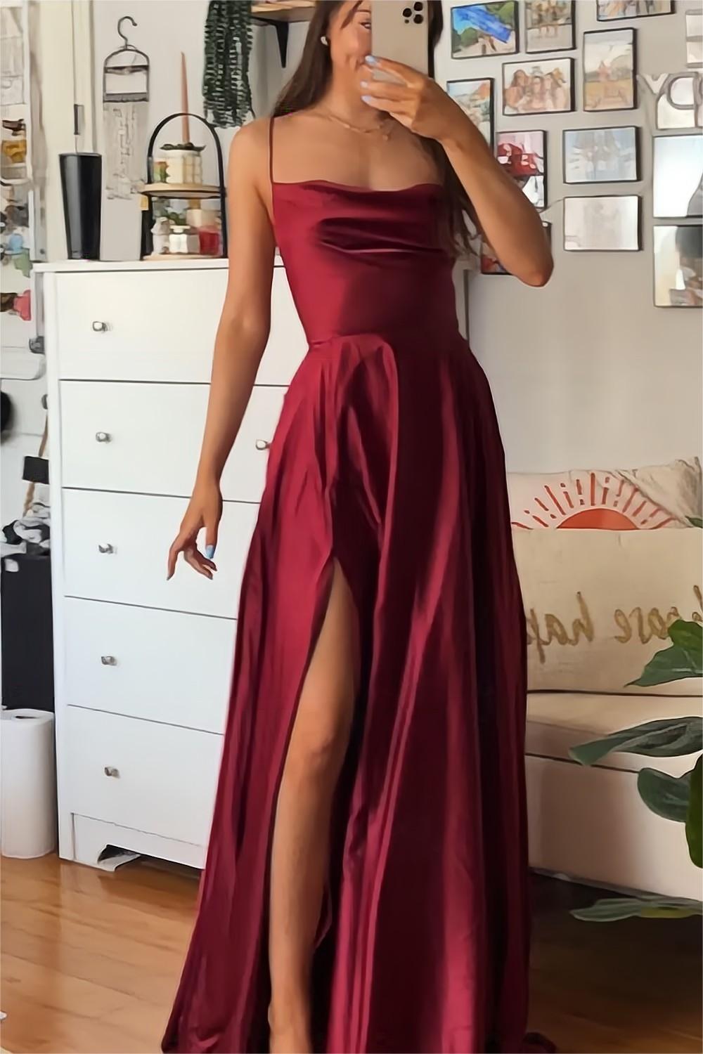 Weitese A Line Spaghetti Straps Burgundy Long Prom Dress with Split Front