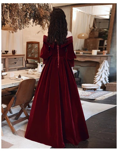 Burgundy Velvet A-Line Off-the-Shoulder Lace-Up Back Floor-Length Dress