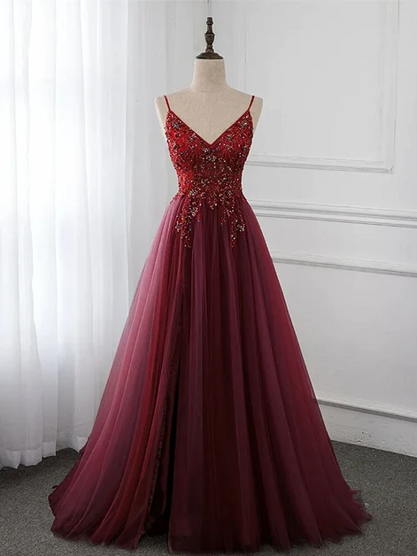 Burgundy Spaghetti Strap V Neck Beaded A Line Tulle Prom Dress