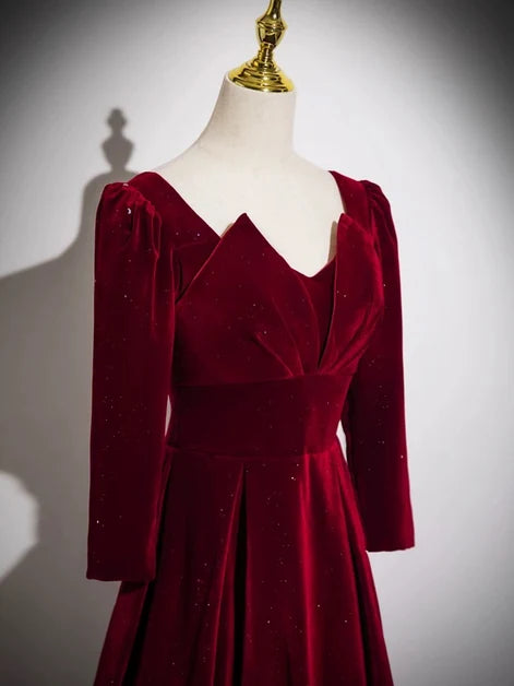 Burgundy Glitter Velvet A-Line Sweetheart Lace-Up Back Floor-Length Dress