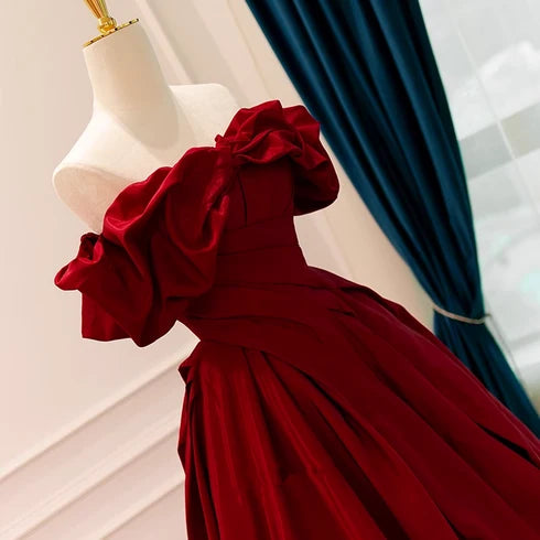 Burgundy Satin Ball Gown Off-the-Shoulder Lace-Up Back Floor-Length Dress
