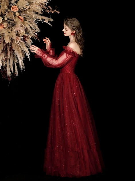 Burgundy Glitter Tulle & Sequins A-Line Off-the-Shoulder Floor-Length Dress