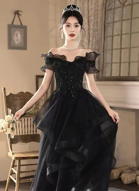 Black Sequin Tulle A-Line Off-the-Shoulder Zipper Back Floor-Length Dress