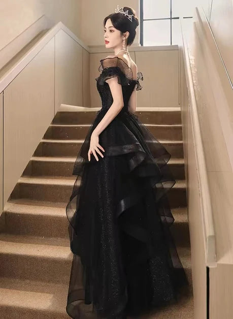 Black Sequin Tulle A-Line Off-the-Shoulder Zipper Back Floor-Length Dress