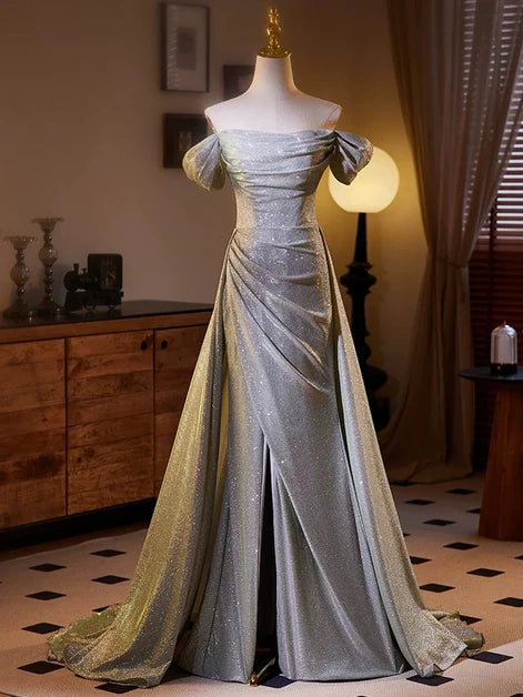 Silver Glitter Fabric A-Line Off-the-Shoulder Lace-Up Back Floor-Length Dress