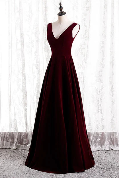 Burgundy Velvet A-Line V-Neck V-Back Floor-Length Dress