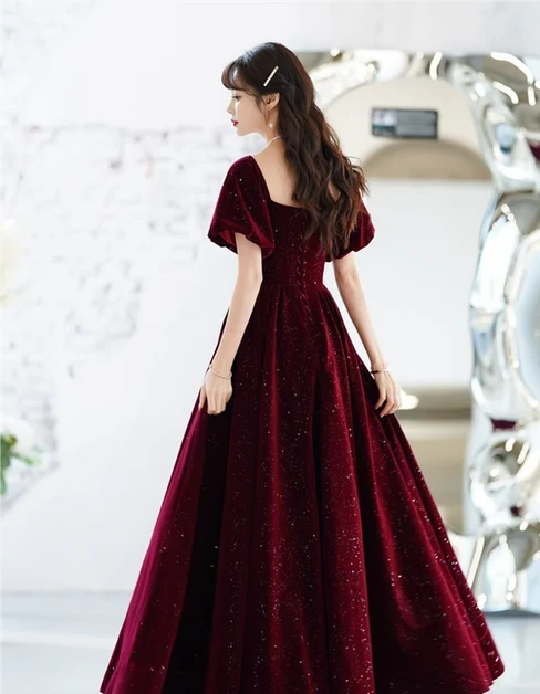 Burgundy Glitter Velvet A-Line Sweetheart Lace-Up Back Floor-Length Dress
